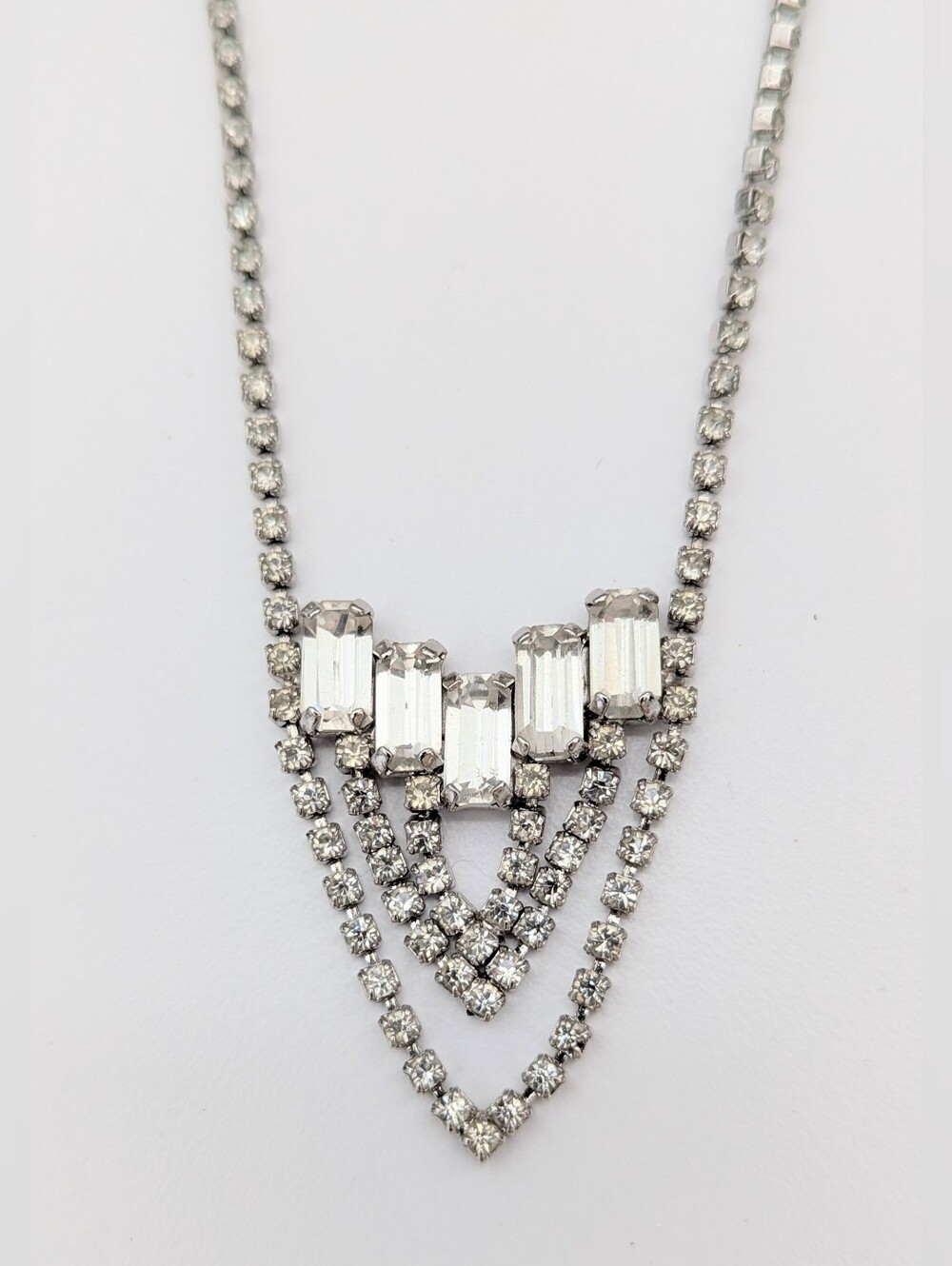 Elegant Silver-Tone Clear Rhinestone Drop Statement Piece Necklace